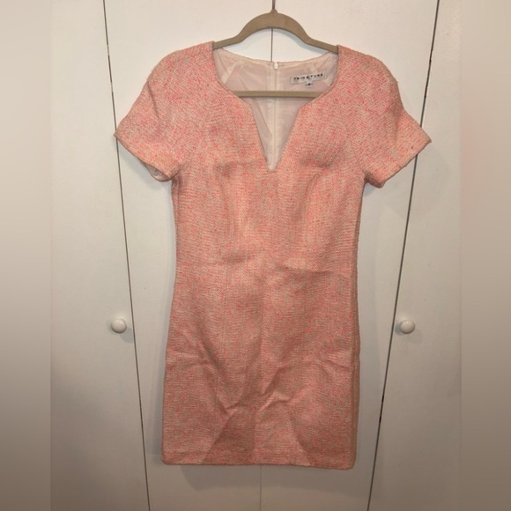 Trina Turk Coral White Tweed Preppy Coastal Short Sleeve Shift Dress